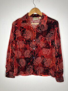Chico's Design Red Burnout Velvet Button-Up Blouse Top Size 1 (M/L) Rayon Silk